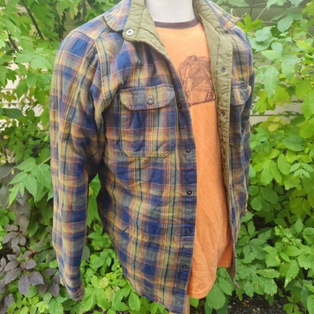 Mens Plaid Flannel Shirt Jacket Button Up Olive Green Quilted Lined